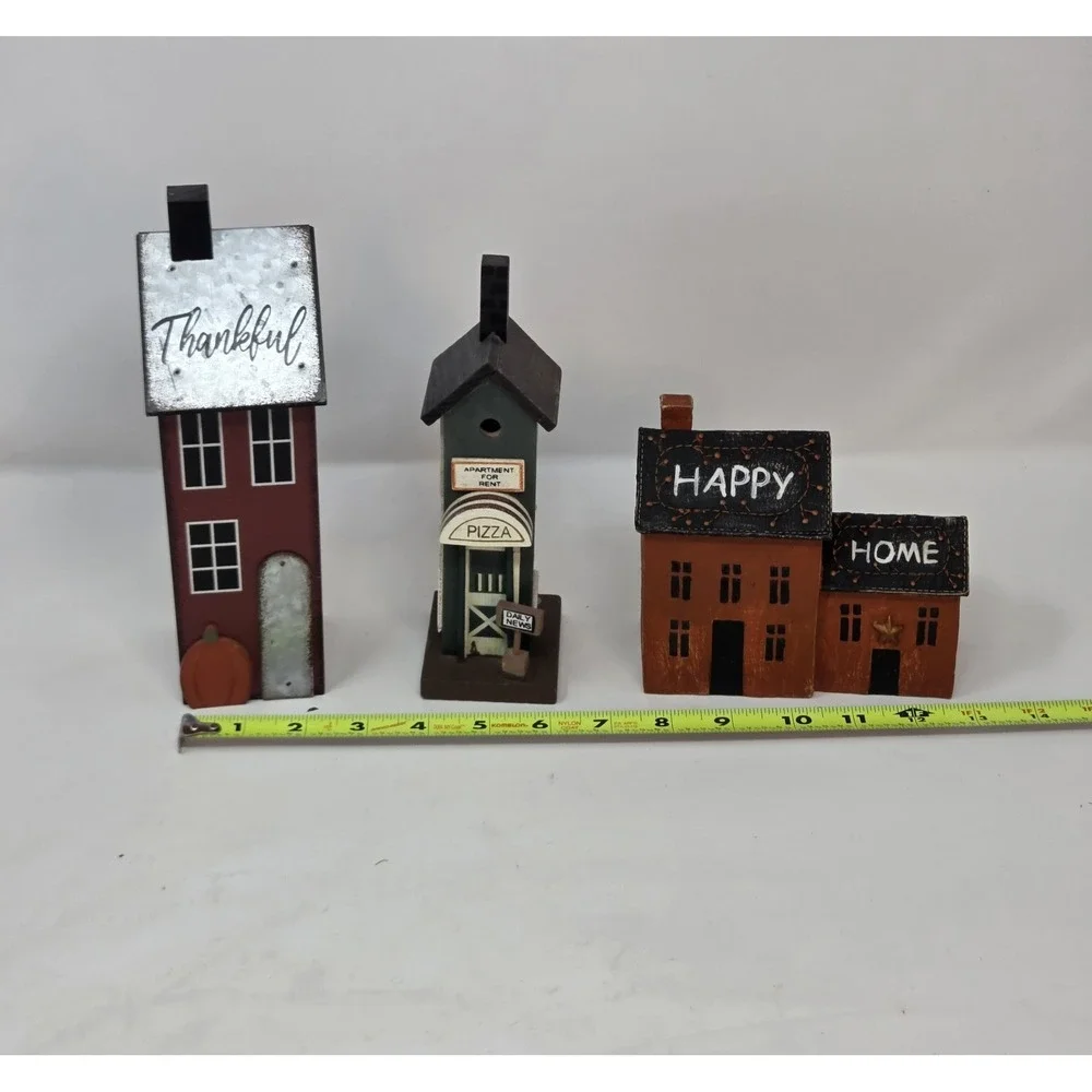 Primitive Farmhouse Wood House Decor Lot Set 3 Saltbox Birdhouse Pizza Shop